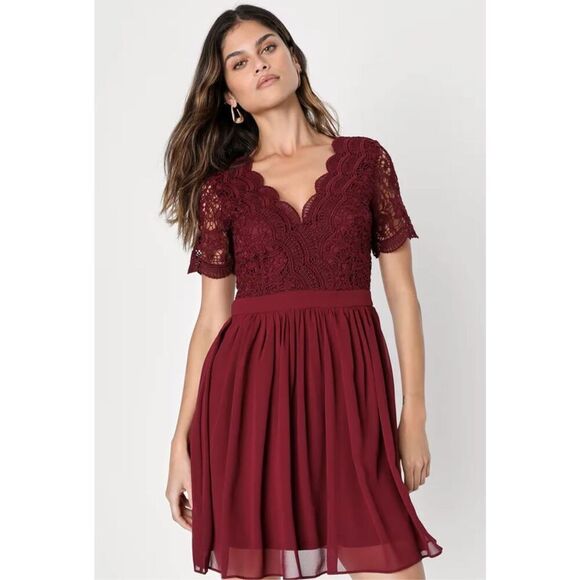 Lulus Large Angel in Disguise Burgundy Lace Skater Dress playful flouncy - Picture 1 of 7